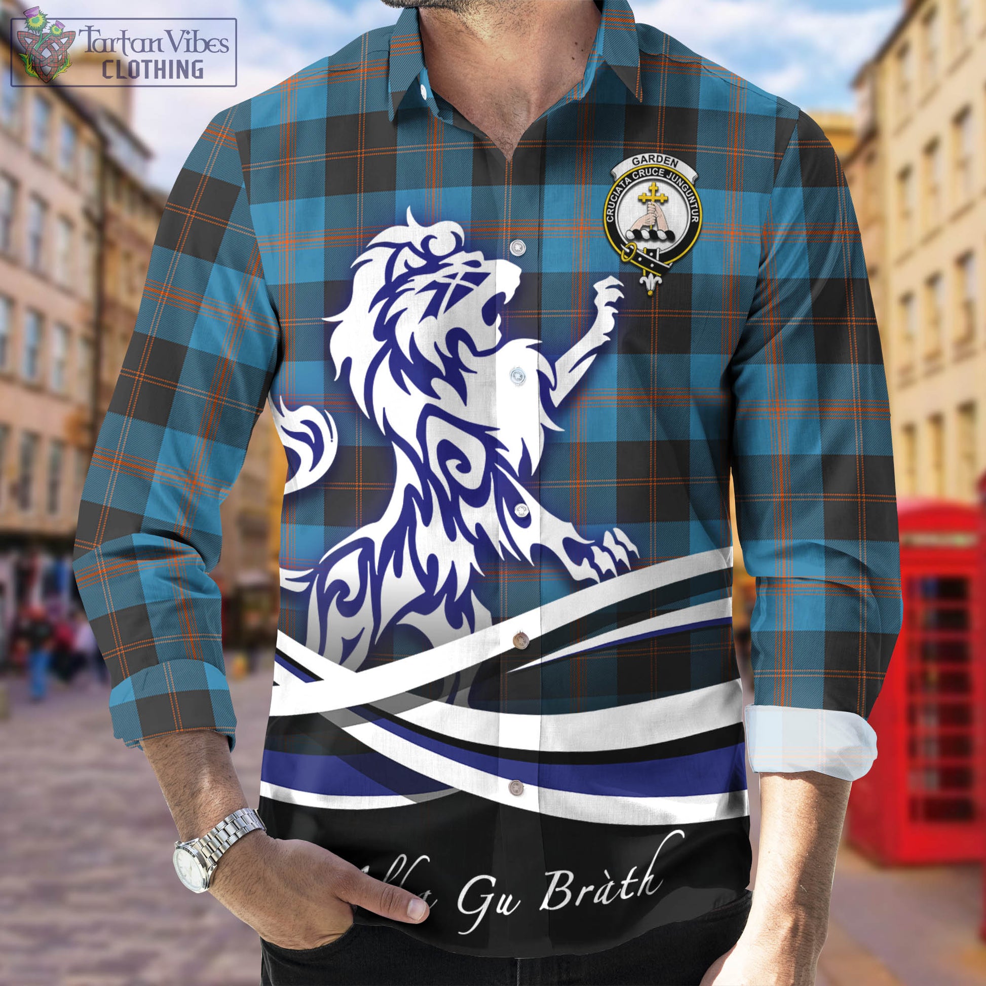 Garden (Gardyne) Tartan Long Sleeve Button Up Shirt with Alba Gu Brath Regal Lion Emblem Men's Shirt - Tartan Vibes Clothing
