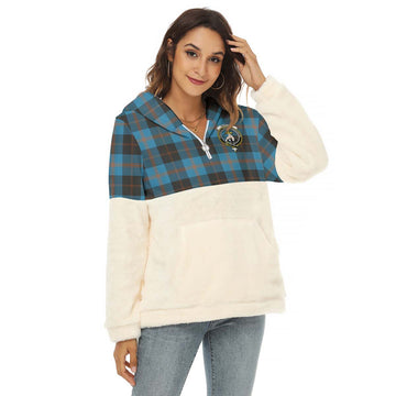 Garden (Gardyne) Tartan Half Style Women's Borg Fleece Hoodie with Half Zip with Family Crest Female - Tartan Vibes Clothing