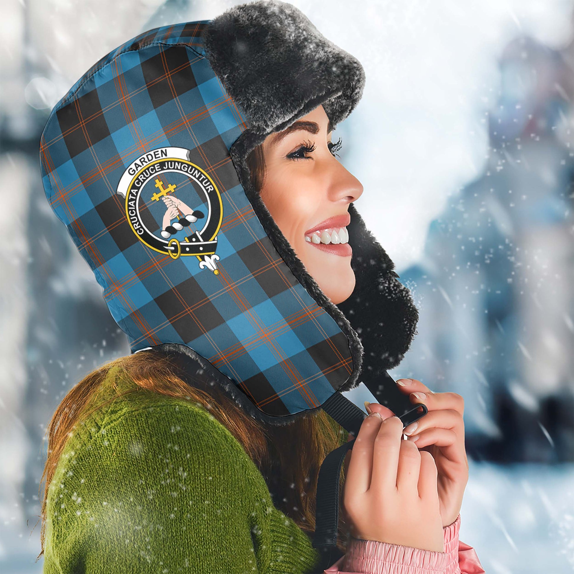 Garden (Gardyne) Tartan Winter Trapper Hat with Family Crest Winter Trapper Hat Universal Fit Circumference 22.8in (58cm) - Tartan Vibes Clothing