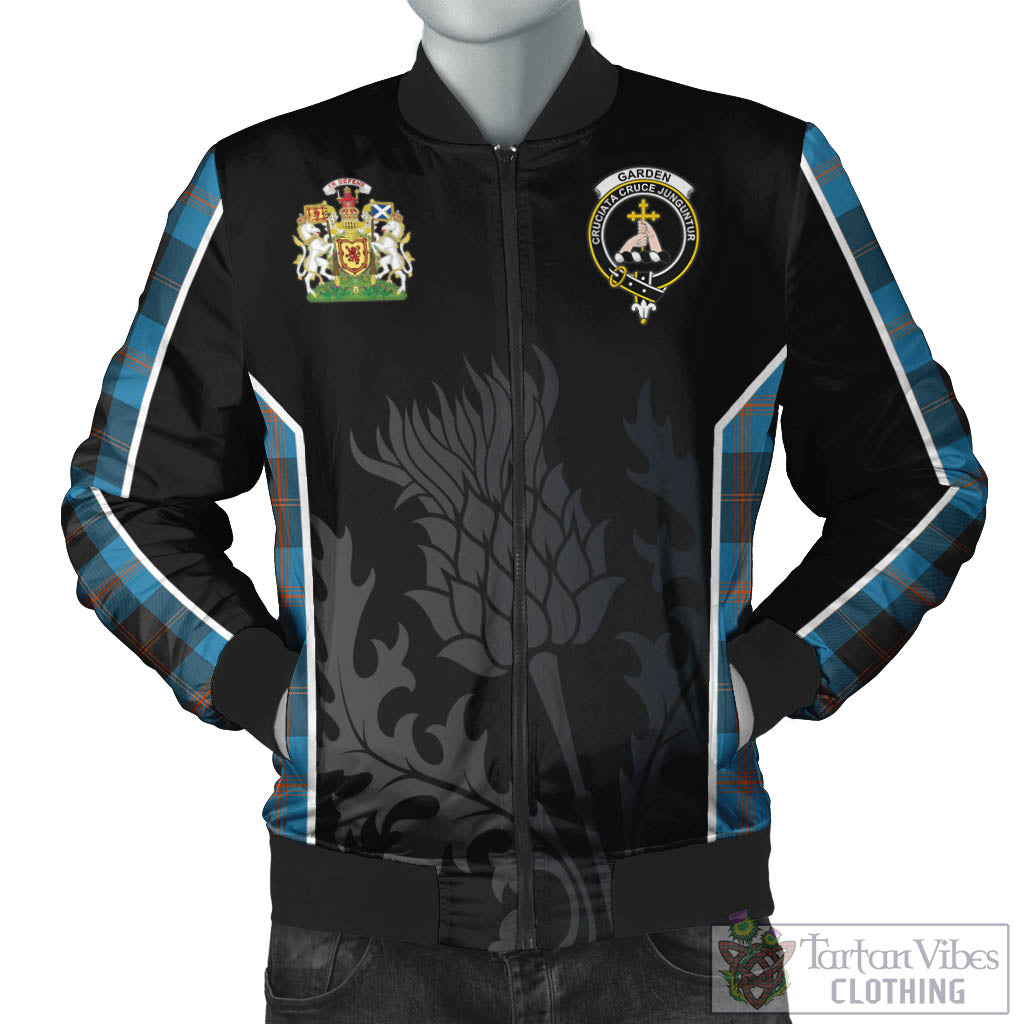 Garden (Gardyne) Tartan Bomber Jacket with Family Crest and Scottish Thistle Vibes Sport Style Unisex Black - Tartan Vibes Clothing