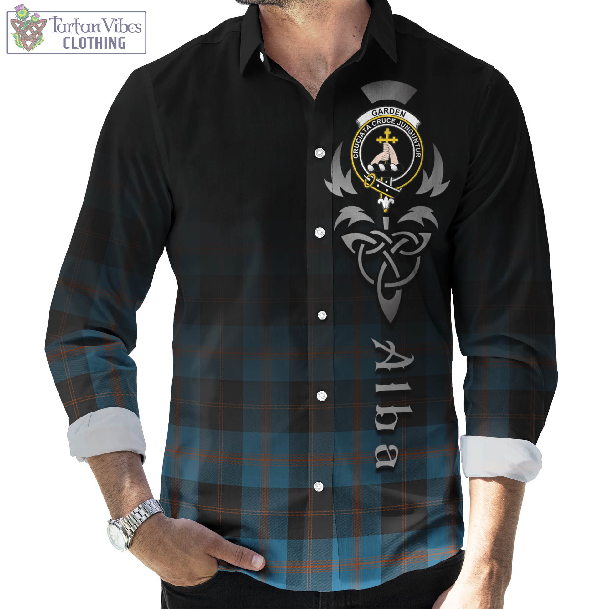 Garden (Gardyne) Tartan Long Sleeve Button Up Featuring Alba Gu Brath Family Crest Celtic Inspired Men's Shirt - Tartan Vibes Clothing