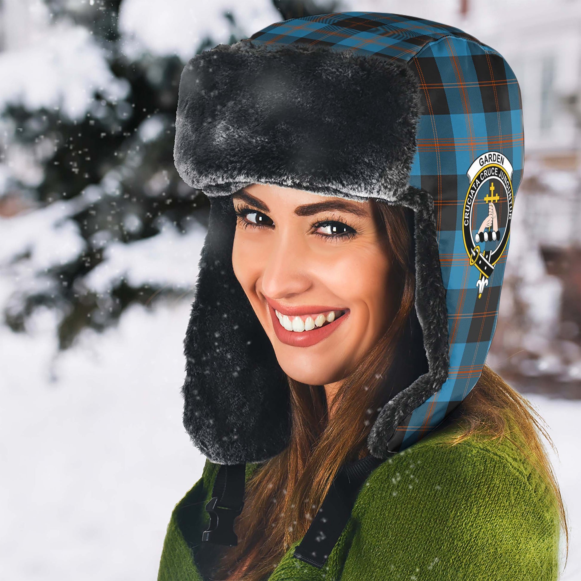 Garden (Gardyne) Tartan Winter Trapper Hat with Family Crest - Tartan Vibes Clothing