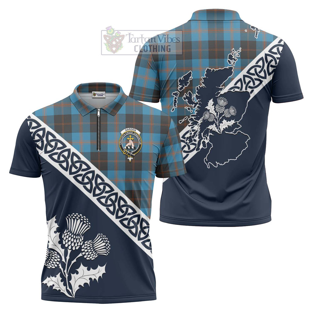Garden (Gardyne) Tartan Zipper Polo Shirt Featuring Thistle and Scotland Map Unisex - Tartanvibesclothing Store