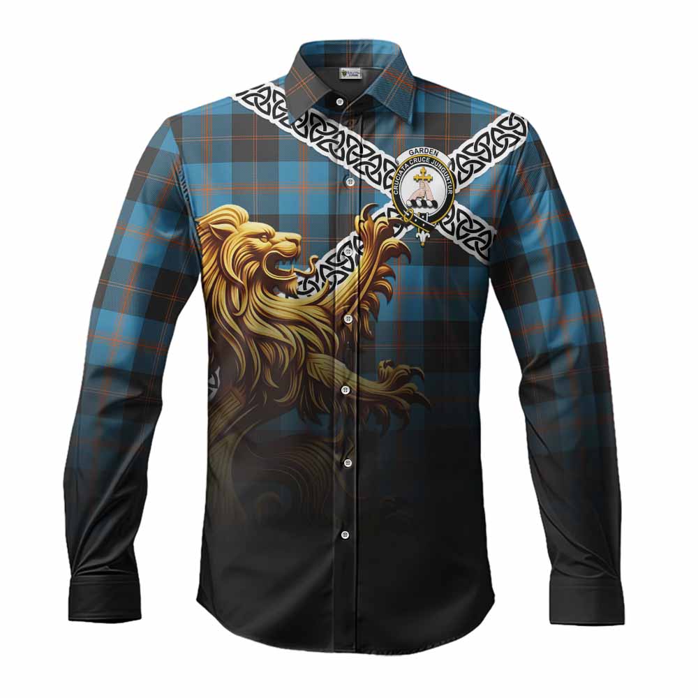 Garden (Gardyne) Crest Tartan Long Sleeve Button Shirt with Golden Lion Emblem Celtic Style Men's Shirt S - Tartan Vibes Clothing