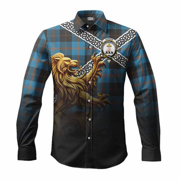 Garden (Gardyne) Crest Tartan Long Sleeve Button Shirt with Golden Lion Emblem Celtic Style Men's Shirt S - Tartan Vibes Clothing