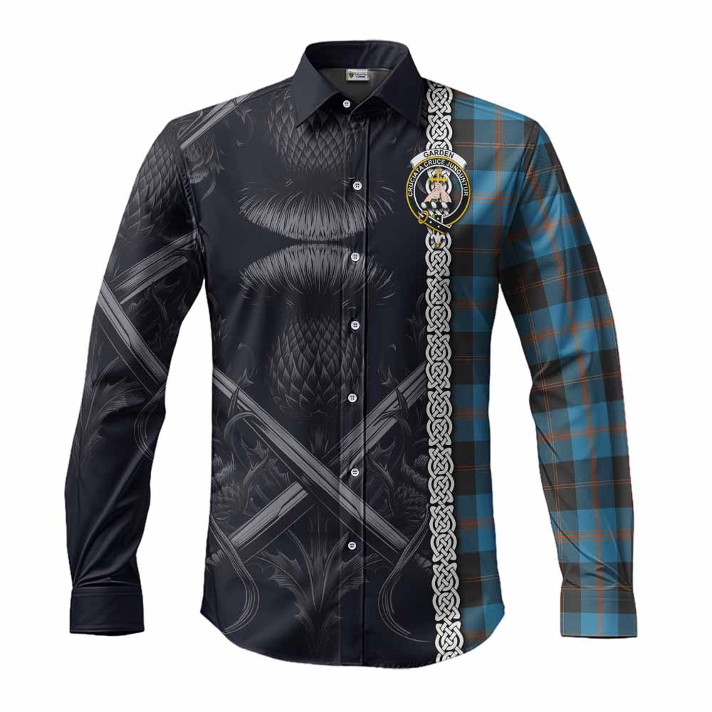 Tartan Vibes Clothing Garden (Gardyne) Tartan Long Sleeve Button Shirt with Family Crest Cross Sword Thistle Celtic Vibes