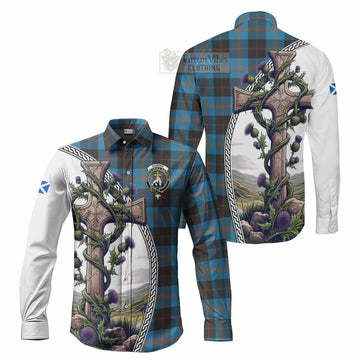 Garden (Gardyne) Tartan Long Sleeve Button Shirt with Family Crest and St. Andrew's Cross Accented by Thistle Vines Men's Shirt S - Tartan Vibes Clothing