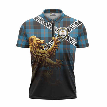 Garden (Gardyne) Crest Tartan Zipper Polo Shirt with Golden Lion Emblem Celtic Style Unisex - Tartan Vibes Clothing