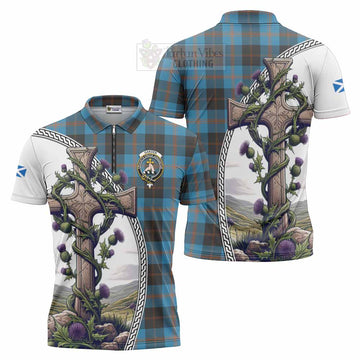 Garden (Gardyne) Tartan Zipper Polo Shirt with Family Crest and St. Andrew's Cross Accented by Thistle Vines Unisex - Tartan Vibes Clothing