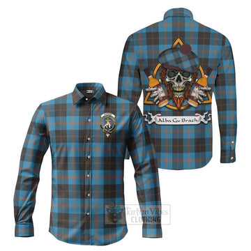 Garden (Gardyne) Tartan Long Sleeve Button Shirt with Family Crest and Bearded Skull Holding Bottles of Whiskey Men's Shirt S - Tartan Vibes Clothing