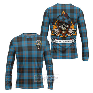Garden (Gardyne) Tartan Long Sleeve T-Shirt with Family Crest and Bearded Skull Holding Bottles of Whiskey Unisex - Tartan Vibes Clothing