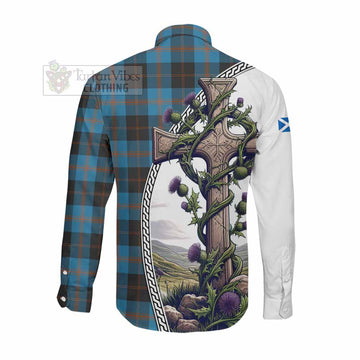 Garden (Gardyne) Tartan Long Sleeve Button Shirt with Family Crest and St. Andrew's Cross Accented by Thistle Vines Men's Shirt - Tartan Vibes Clothing