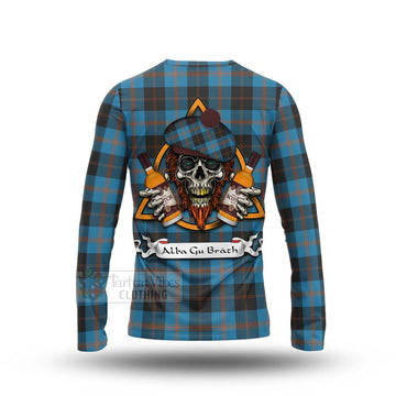 Garden (Gardyne) Tartan Long Sleeve T-Shirt with Family Crest and Bearded Skull Holding Bottles of Whiskey - Tartan Vibes Clothing
