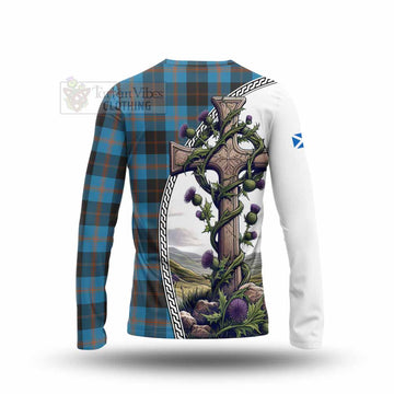 Garden (Gardyne) Tartan Long Sleeve T-Shirt with Family Crest and St. Andrew's Cross Accented by Thistle Vines - Tartan Vibes Clothing