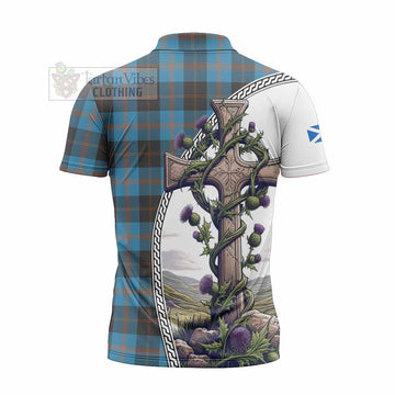 Garden (Gardyne) Tartan Zipper Polo Shirt with Family Crest and St. Andrew's Cross Accented by Thistle Vines - Tartan Vibes Clothing