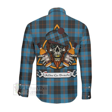 Garden (Gardyne) Tartan Long Sleeve Button Shirt with Family Crest and Bearded Skull Holding Bottles of Whiskey Men's Shirt - Tartan Vibes Clothing