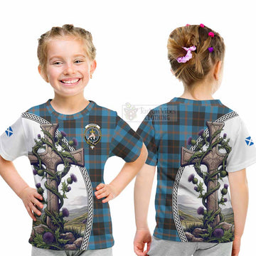Garden (Gardyne) Tartan Kid T-Shirt with Family Crest and St. Andrew's Cross Accented by Thistle Vines - Tartan Vibes Clothing