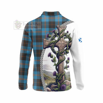 Garden (Gardyne) Tartan Long Sleeve Polo Shirt with Family Crest and St. Andrew's Cross Accented by Thistle Vines - Tartan Vibes Clothing