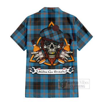 Garden (Gardyne) Tartan Hawaiian Shirt with Family Crest and Bearded Skull Holding Bottles of Whiskey - Tartan Vibes Clothing