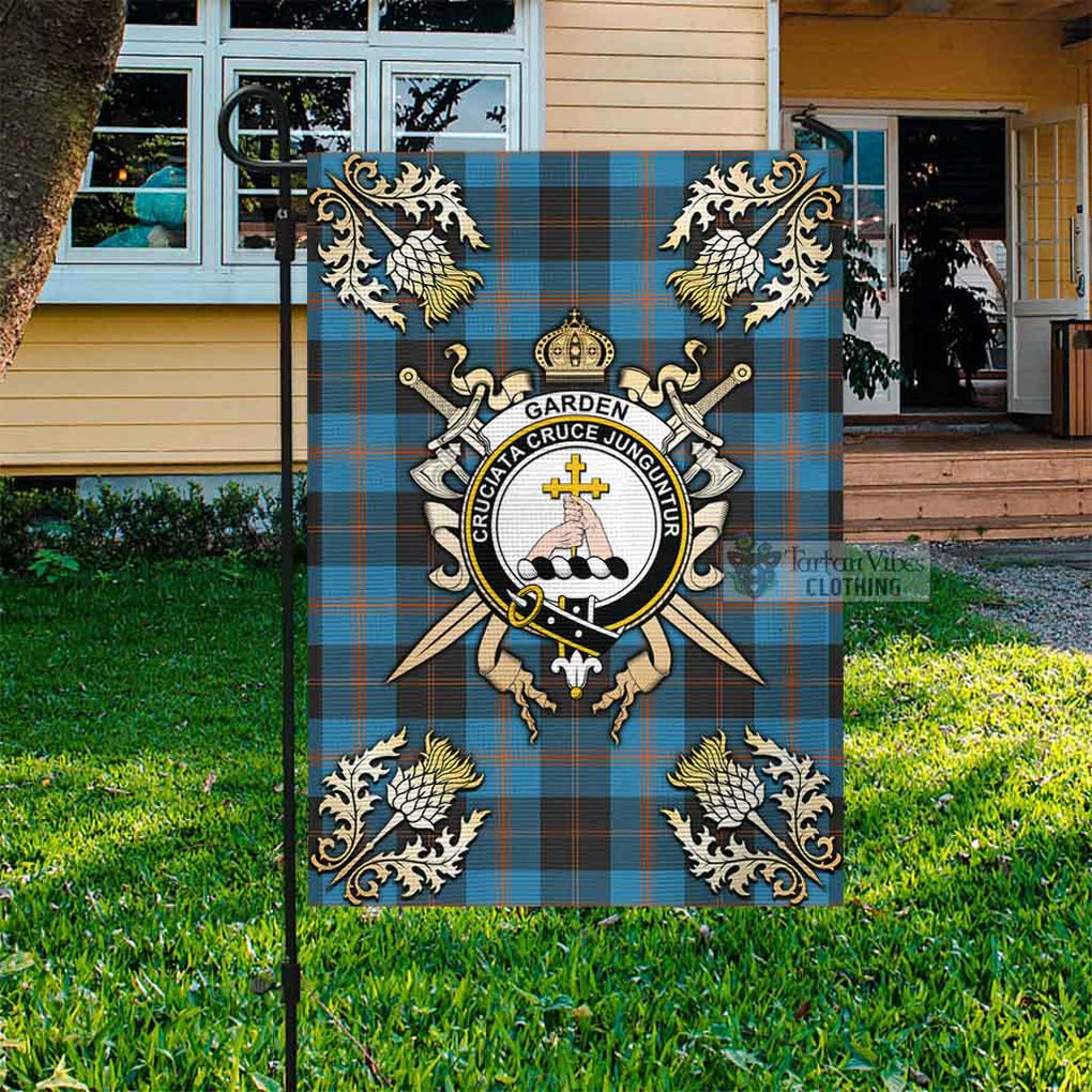 Tartan Vibes Clothing Garden (Gardyne) Tartan Flag with Family Crest and Golden Thistle Crossed Sword Design