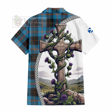 Garden (Gardyne) Tartan Hawaiian Shirt with Family Crest and St. Andrew's Cross Accented by Thistle Vines - Tartan Vibes Clothing