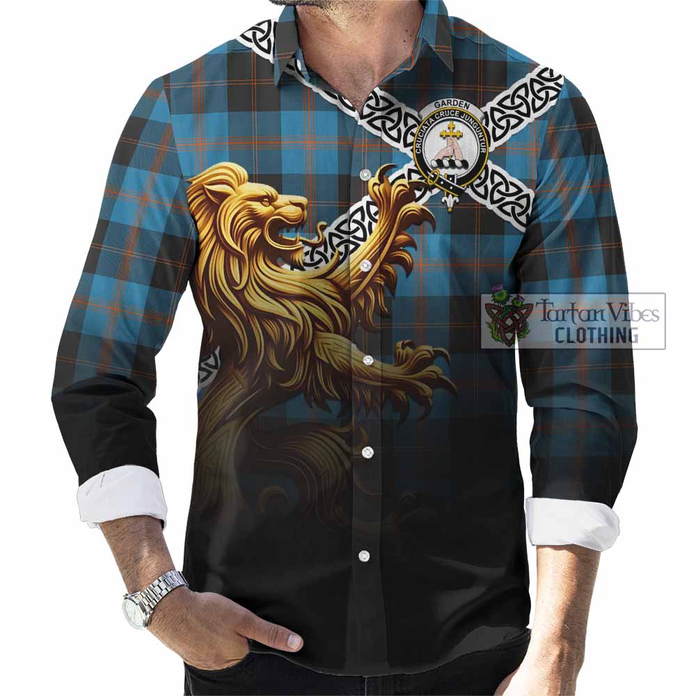 Garden (Gardyne) Crest Tartan Long Sleeve Button Shirt with Golden Lion Emblem Celtic Style - Tartan Vibes Clothing