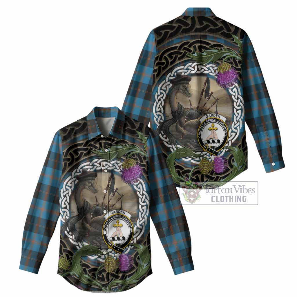 Garden (Gardyne) Tartan Crest Bagpipe Nessie Women Casual Shirt Scottish Loch Ness Monster Celtic Thistle