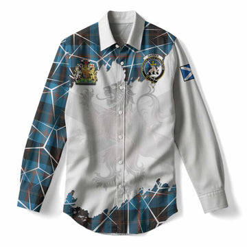 Garden (Gardyne) Tartan Women Casual Shirt with Family Crest and Lion Rampant Grunge Style