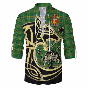 Tartan Vibes Clothing Gardiner Irish Tartan Ghillie Kilt Shirt with Coat of Arms Celtic Wolf Style