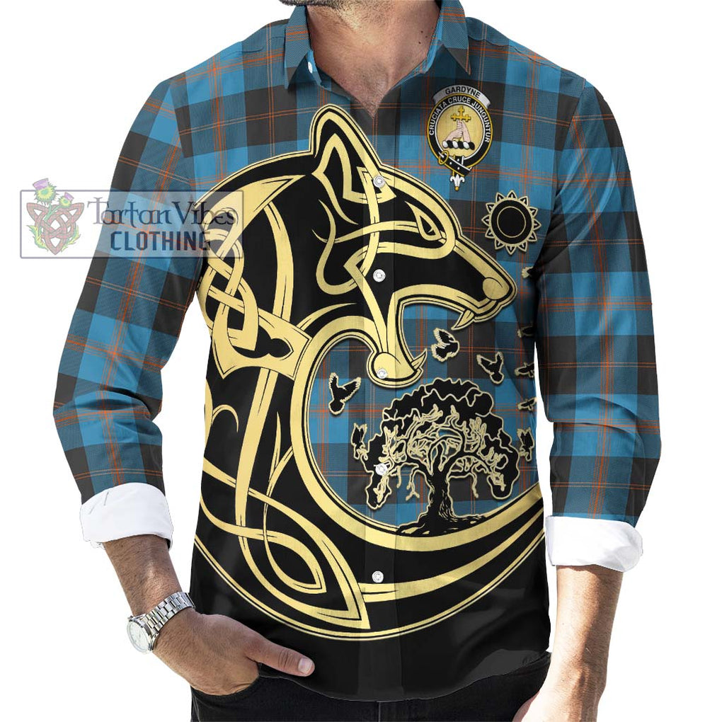 Gardyne Tartan Long Sleeve Button Shirt with Family Crest Celtic Wolf Style - Tartan Vibes Clothing