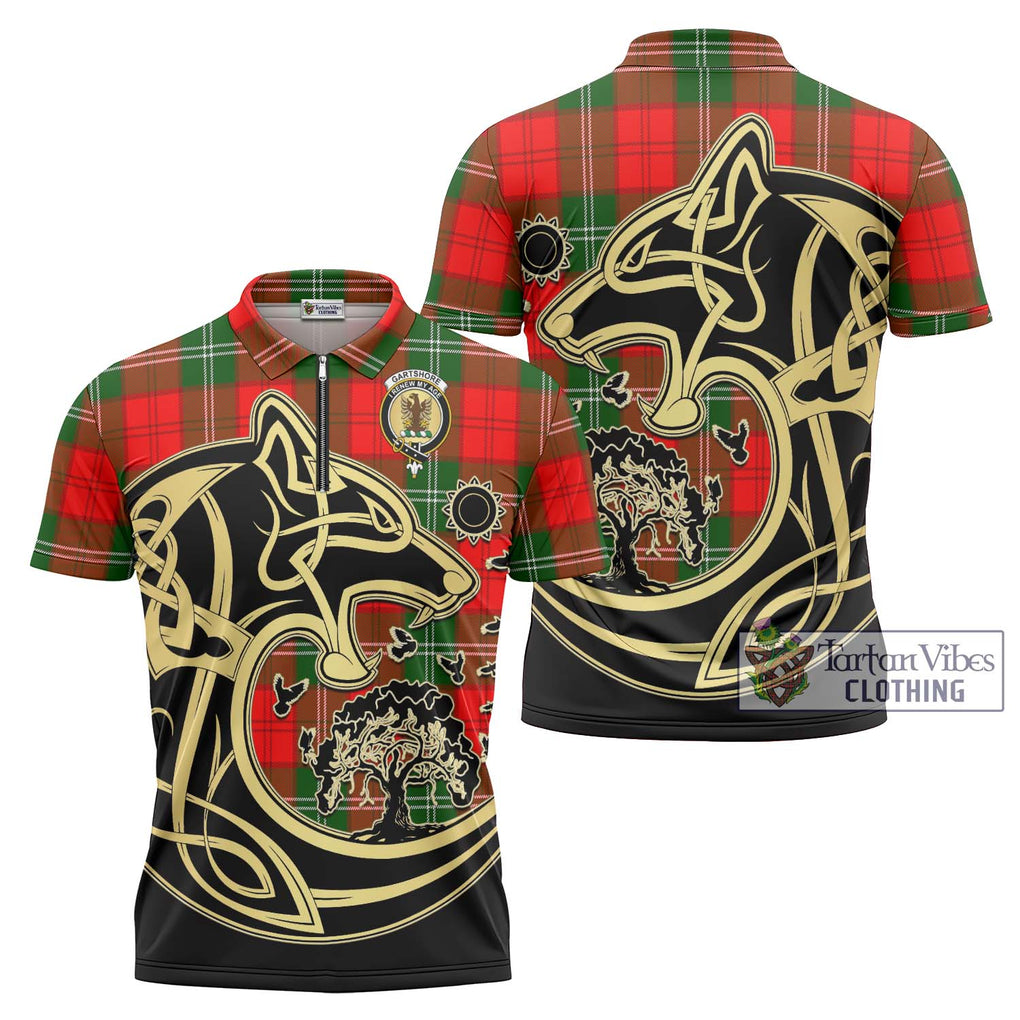 Gartshore Tartan Zipper Polo Shirt with Family Crest Celtic Wolf Style Unisex - Tartan Vibes Clothing