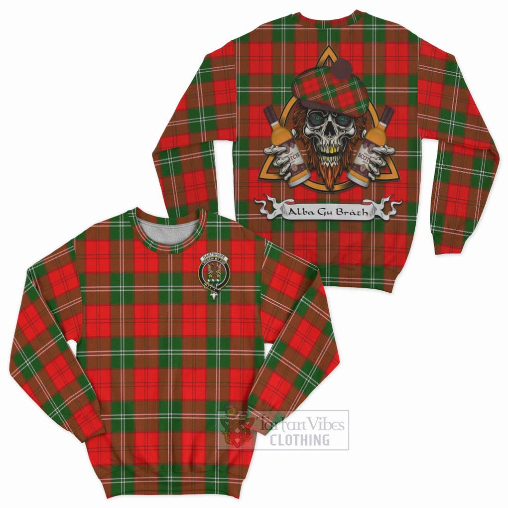 Gartshore Tartan Sweatshirt with Family Crest and Bearded Skull Holding Bottles of Whiskey Unisex - Tartan Vibes Clothing