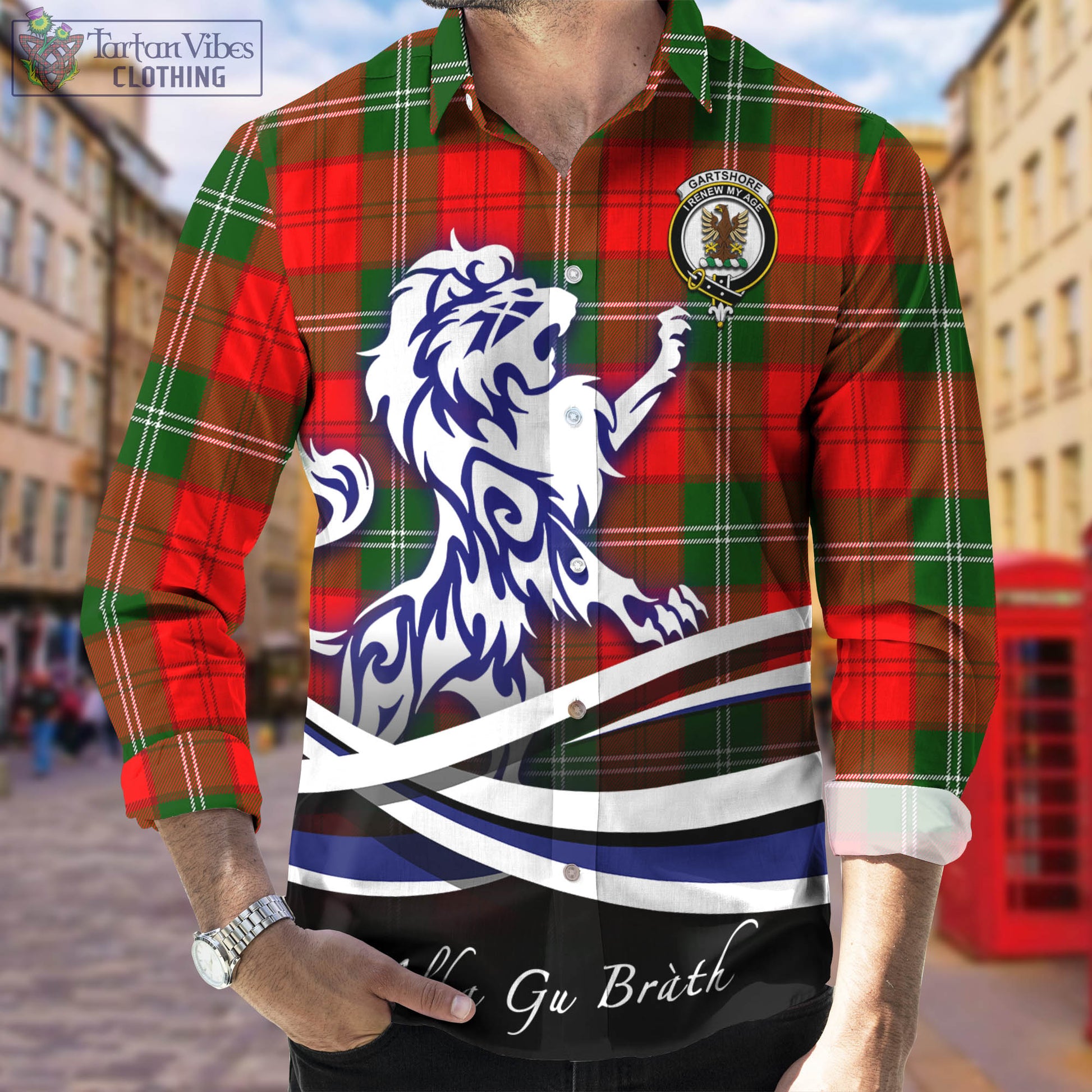 Gartshore Tartan Long Sleeve Button Up Shirt with Alba Gu Brath Regal Lion Emblem Men's Shirt - Tartan Vibes Clothing