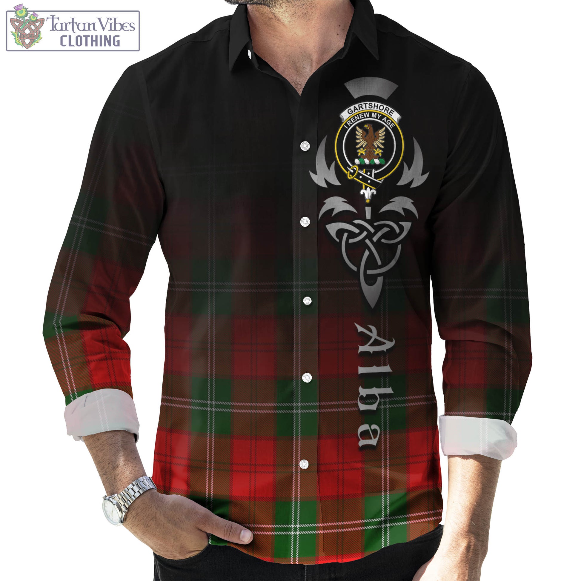 Gartshore Tartan Long Sleeve Button Up Featuring Alba Gu Brath Family Crest Celtic Inspired Men's Shirt - Tartan Vibes Clothing