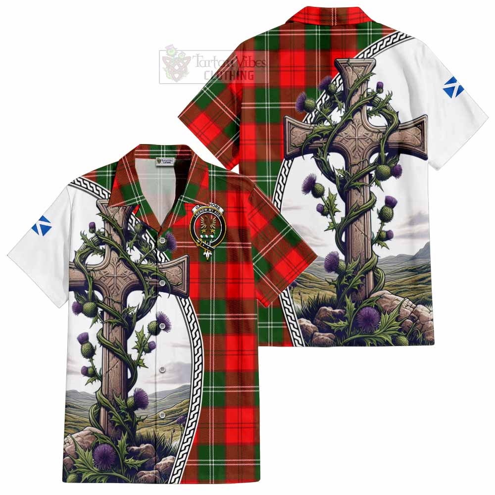 Gartshore Tartan Hawaiian Shirt with Family Crest and St. Andrew's Cross Accented by Thistle Vines Kid - Tartan Vibes Clothing