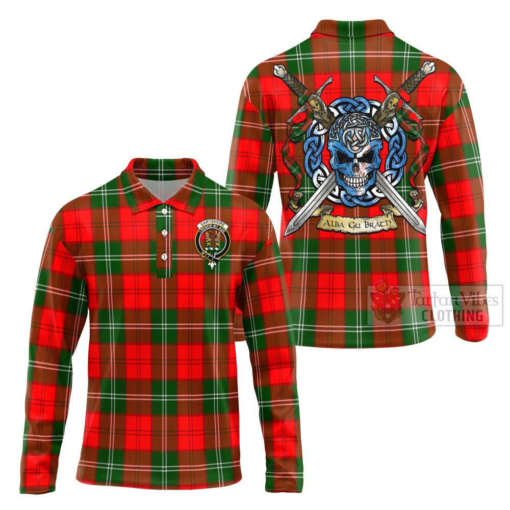 Gartshore Tartan Long Sleeve Polo Shirt with Family Crest Celtic Skull Style Unisex - Tartan Vibes Clothing