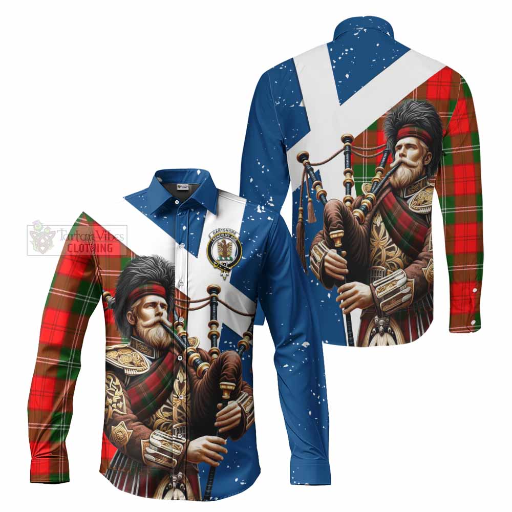 Gartshore Tartan Long Sleeve Button Shirt with Family Crest Scottish Bagpiper Vibes Men's Shirt - Tartan Vibes Clothing