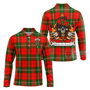 Gartshore Tartan Long Sleeve Polo Shirt with Family Crest and Bearded Skull Holding Bottles of Whiskey Unisex - Tartan Vibes Clothing