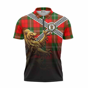 Gartshore Crest Tartan Zipper Polo Shirt with Golden Lion Emblem Celtic Style Unisex - Tartan Vibes Clothing