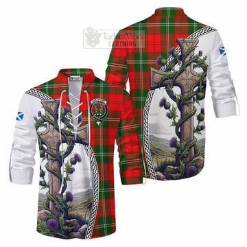 Gartshore Tartan Ghillie Kilt Shirt with Family Crest and St. Andrew's Cross Accented by Thistle Vines Men - Tartan Vibes Clothing