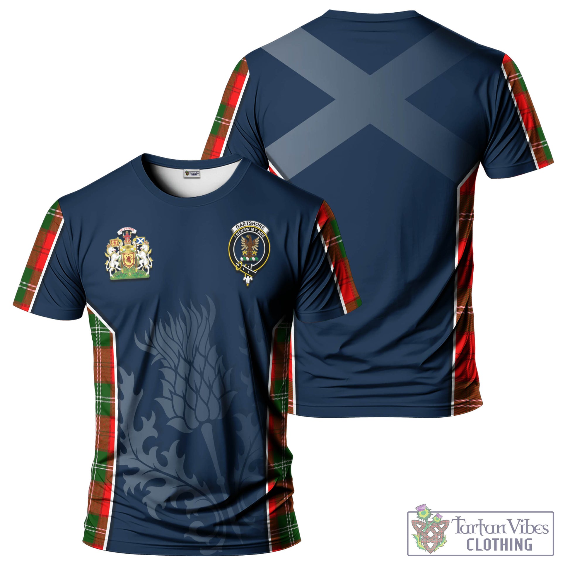 Tartan Vibes Clothing Gartshore Tartan T-Shirt with Family Crest and Scottish Thistle Vibes Sport Style
