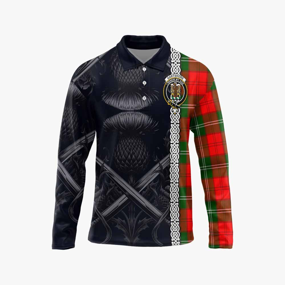 Gartshore Tartan Long Sleeve Polo Shirt with Family Crest Cross Sword Thistle Celtic Vibes Unisex - Tartan Vibes Clothing