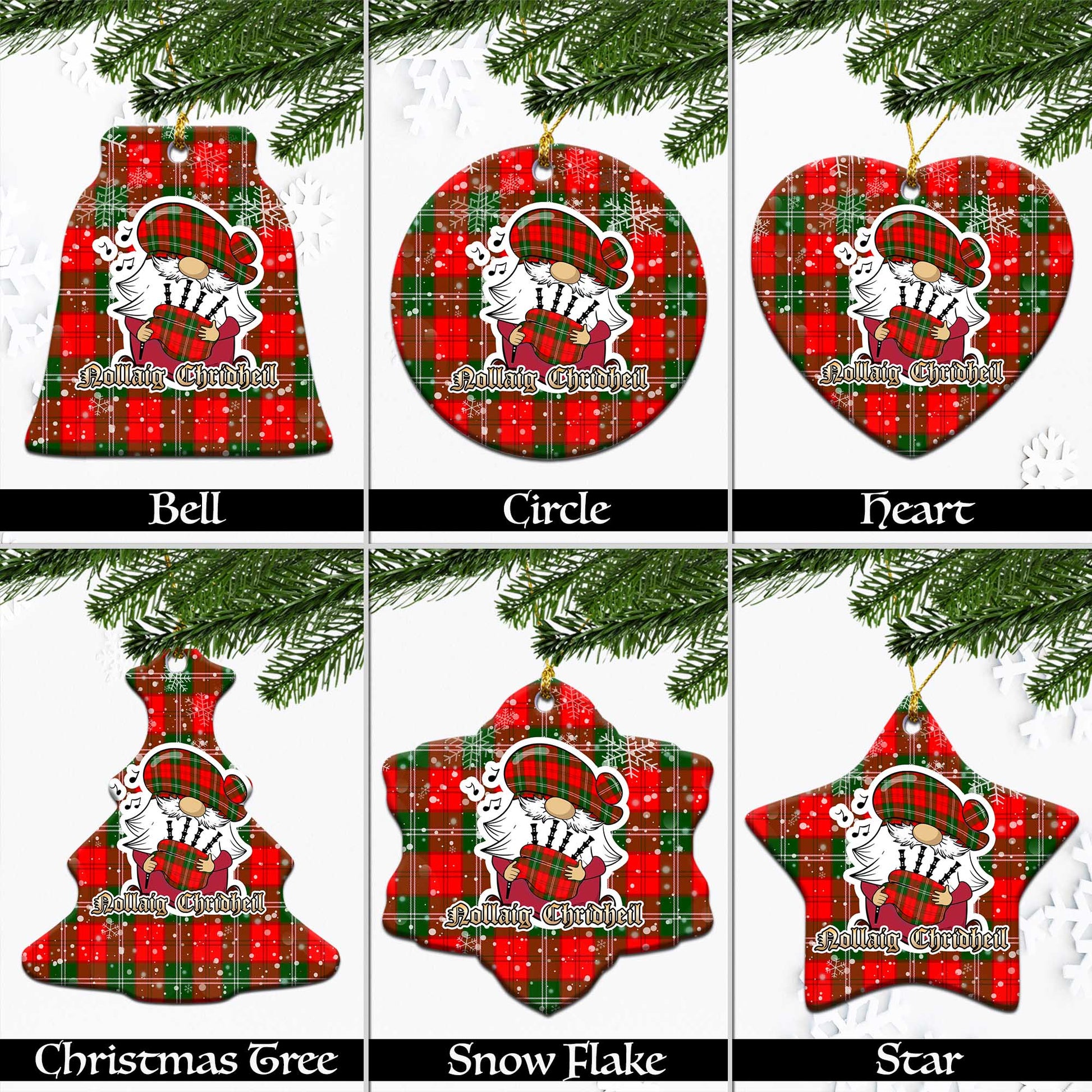 Gartshore Tartan Christmas Ceramic Ornaments with Scottish Gnome Playing Bagpipes Ceramic - Tartan Vibes Clothing