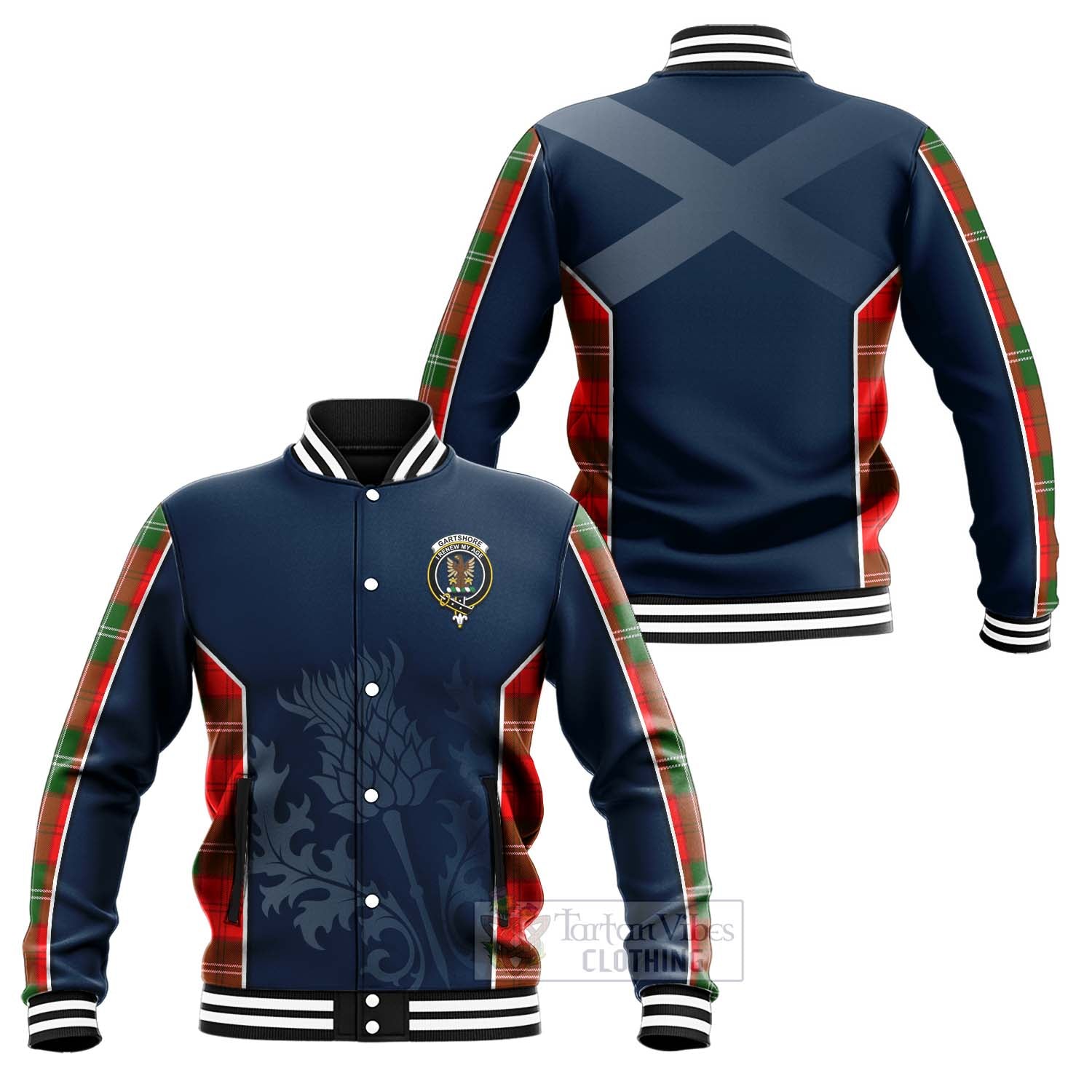 Gartshore Tartan Baseball Jacket with Family Crest and Scottish Thistle Vibes Sport Style Unisex - Tartan Vibes Clothing