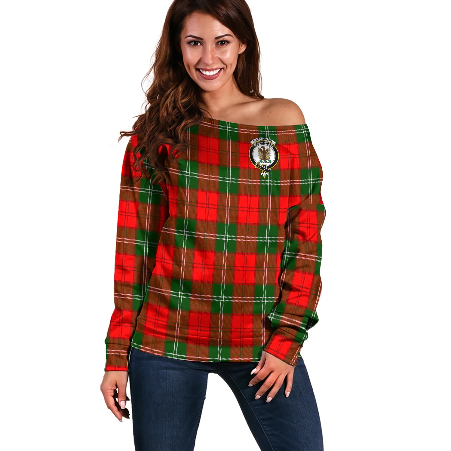 Gartshore Tartan Off Shoulder Women Sweater with Family Crest Women - Tartan Vibes Clothing