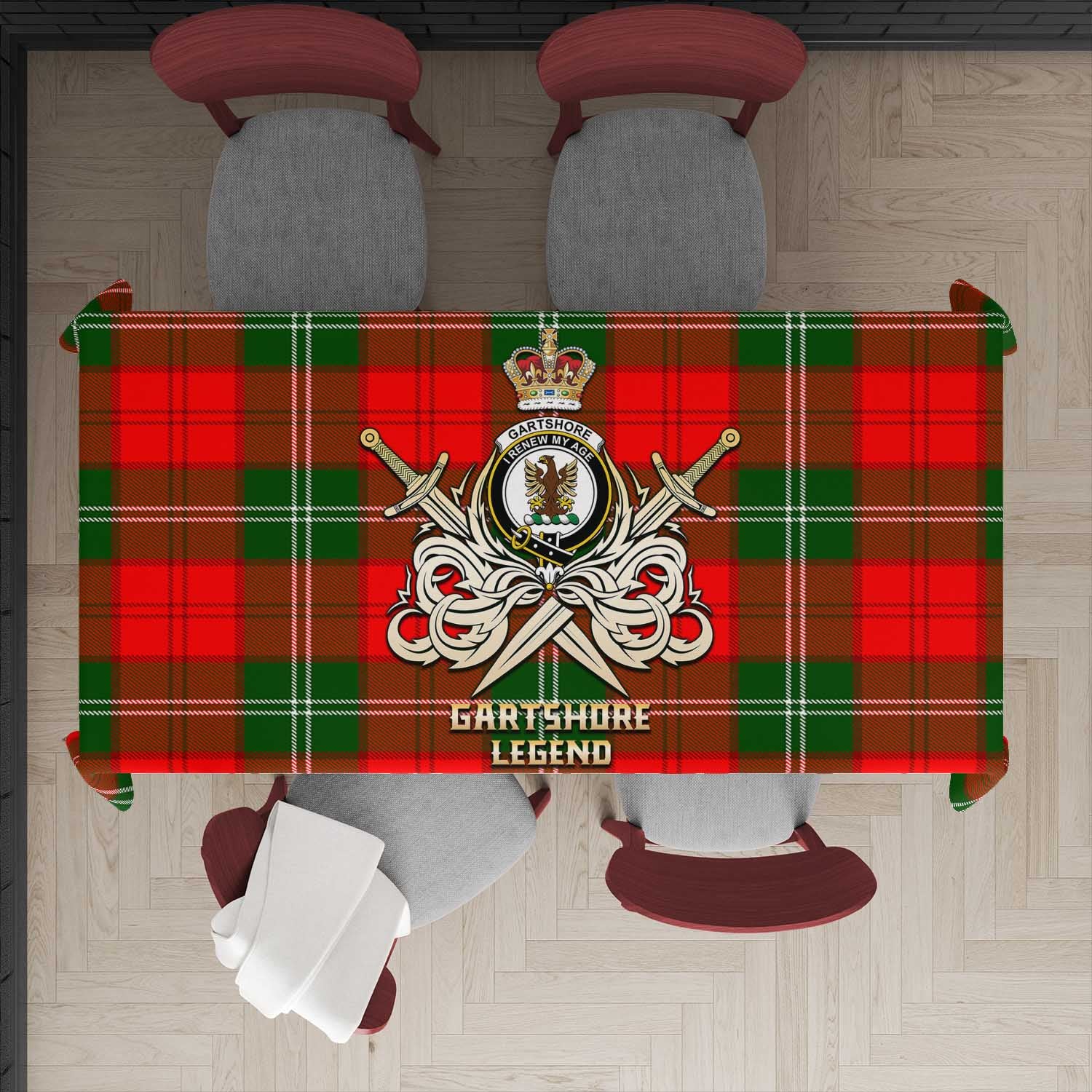 Tartan Vibes Clothing Gartshore Tartan Tablecloth with Clan Crest and the Golden Sword of Courageous Legacy