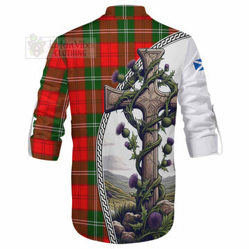 Gartshore Tartan Ghillie Kilt Shirt with Family Crest and St. Andrew's Cross Accented by Thistle Vines - Tartan Vibes Clothing