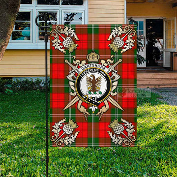 Tartan Vibes Clothing Gartshore Tartan Flag with Family Crest and Golden Thistle Crossed Sword Design