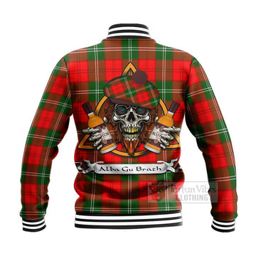 Gartshore Tartan Baseball Jacket with Family Crest and Bearded Skull Holding Bottles of Whiskey - Tartan Vibes Clothing