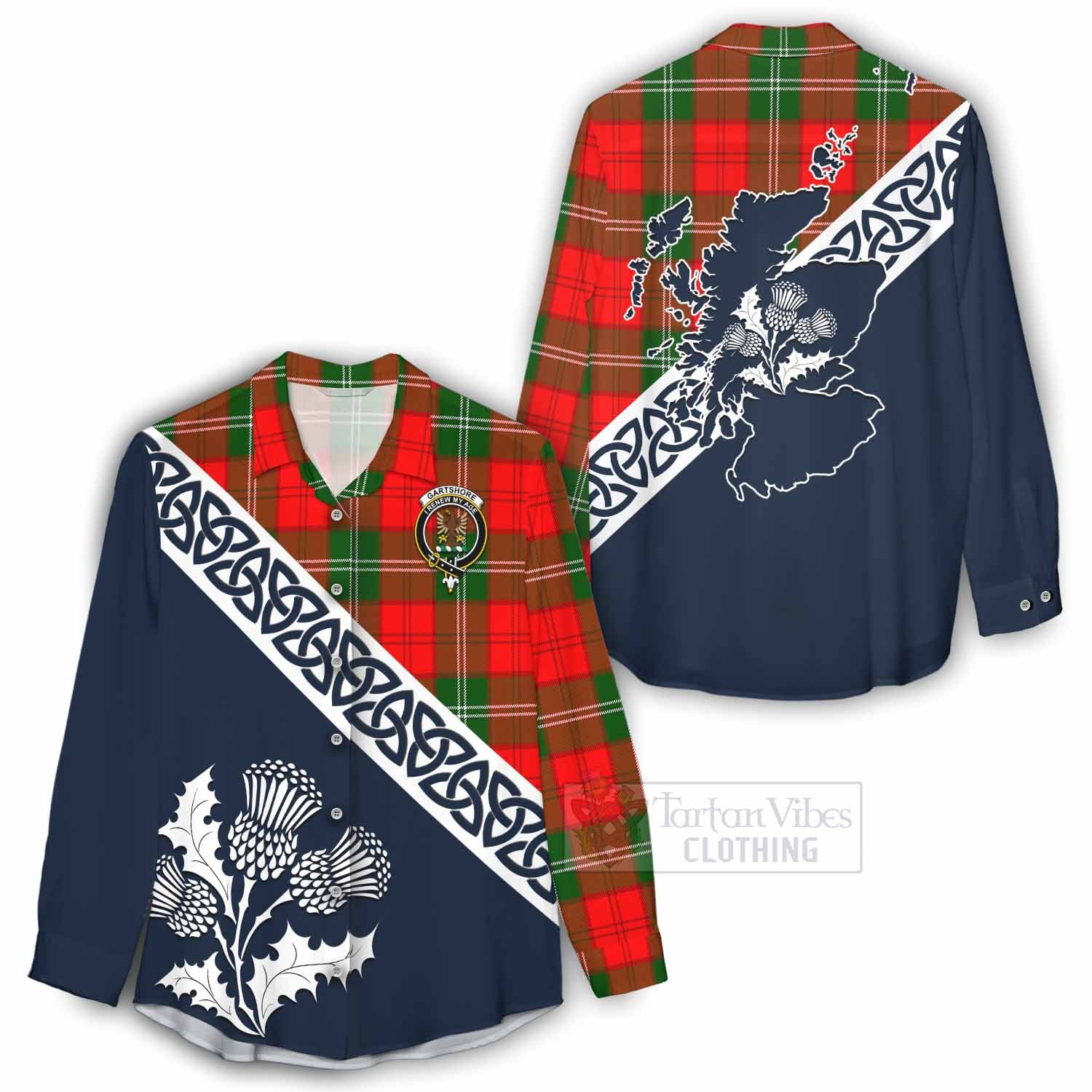 Gartshore Tartan Women's Casual Shirt Featuring Thistle and Scotland Map - Tartan Vibes Clothing